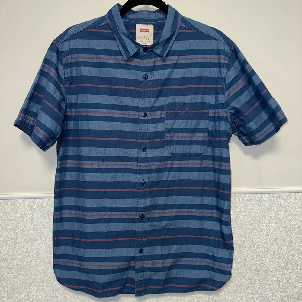 Vans Striped Button-Up Shirt Men's Size Medium Short Sleeve Blue Cotton Casual